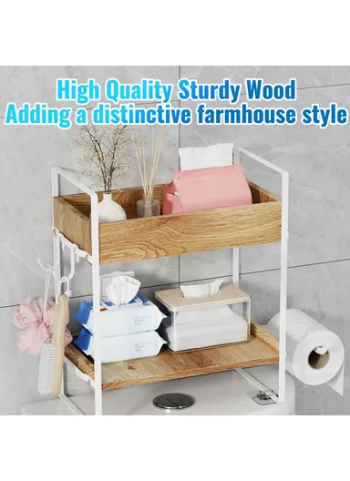 2-Tier Multipurpose Over Toilet Storage Rack Bathroom Organizer Shelf with Hooks (L33 x W16.5 x H35.5)cm - White