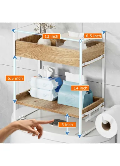 2-Tier Multipurpose Over Toilet Storage Rack Bathroom Organizer Shelf with Hooks (L33 x W16.5 x H35.5)cm - White