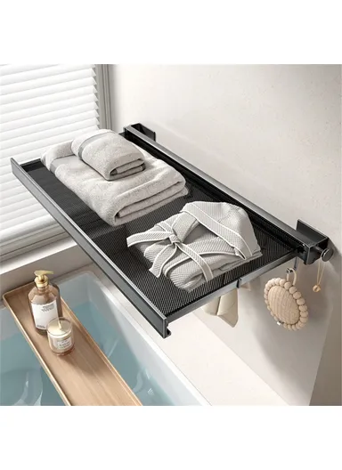 60cm Retractable Clothes Drying Rack, Multi-Use Nail Free Folding Laundry Hanger with 8 Hooks Balcony Bathroom Drying Rack (L60 x W42.5 x H8)cm - Black