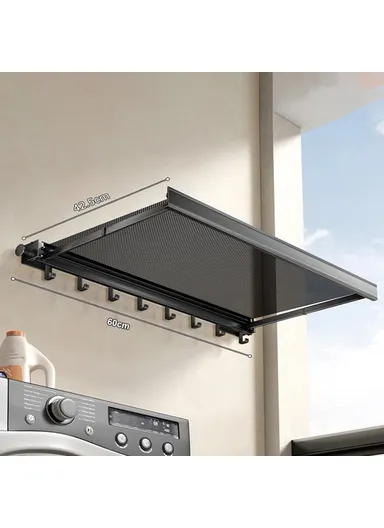 60cm Retractable Clothes Drying Rack, Multi-Use Nail Free Folding Laundry Hanger with 8 Hooks Balcony Bathroom Drying Rack (L60 x W42.5 x H8)cm - Black