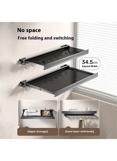 60cm Retractable Clothes Drying Rack, Multi-Use Nail Free Folding Laundry Hanger with 8 Hooks Balcony Bathroom Drying Rack (L60 x W42.5 x H8)cm - White