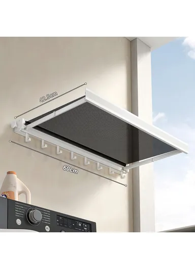 60cm Retractable Clothes Drying Rack, Multi-Use Nail Free Folding Laundry Hanger with 8 Hooks Balcony Bathroom Drying Rack (L60 x W42.5 x H8)cm - White