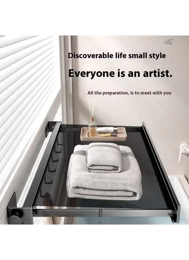 60cm Retractable Clothes Drying Rack, Multi-Use Nail Free Folding Laundry Hanger with 8 Hooks Balcony Bathroom Drying Rack (L60 x W42.5 x H8)cm - Tarnish