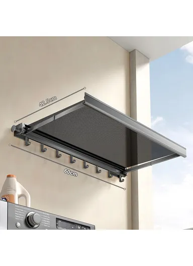 60cm Retractable Clothes Drying Rack, Multi-Use Nail Free Folding Laundry Hanger with 8 Hooks Balcony Bathroom Drying Rack (L60 x W42.5 x H8)cm - Tarnish