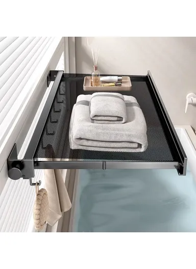 45cm Retractable Clothes Drying Rack, Multi-Use Nail Free Folding Laundry Hanger with 6 Hooks Balcony Bathroom Drying Rack (L45 x W42.5 x H8)cm - Tarnish