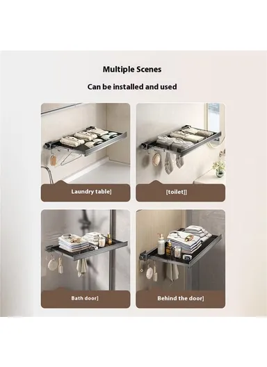 45cm Retractable Clothes Drying Rack, Multi-Use Nail Free Folding Laundry Hanger with 6 Hooks Balcony Bathroom Drying Rack (L45 x W42.5 x H8)cm - Tarnish