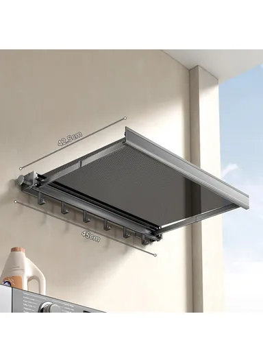 45cm Retractable Clothes Drying Rack, Multi-Use Nail Free Folding Laundry Hanger with 6 Hooks Balcony Bathroom Drying Rack (L45 x W42.5 x H8)cm - Tarnish