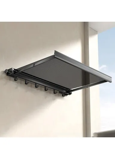 45cm Retractable Clothes Drying Rack, Multi-Use Nail Free Folding Laundry Hanger with 6 Hooks Balcony Bathroom Drying Rack (L45 x W42.5 x H8)cm - Black