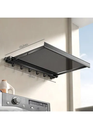 45cm Retractable Clothes Drying Rack, Multi-Use Nail Free Folding Laundry Hanger with 6 Hooks Balcony Bathroom Drying Rack (L45 x W42.5 x H8)cm - Black