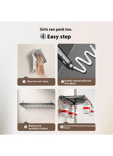 45cm Retractable Clothes Drying Rack, Multi-Use Nail Free Folding Laundry Hanger with 6 Hooks Balcony Bathroom Drying Rack (L45 x W42.5 x H8)cm - White