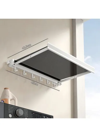 45cm Retractable Clothes Drying Rack, Multi-Use Nail Free Folding Laundry Hanger with 6 Hooks Balcony Bathroom Drying Rack (L45 x W42.5 x H8)cm - White