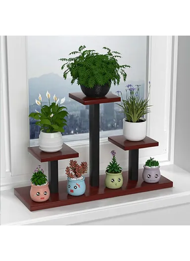 4-Tier Square Metal Flower Rack, Window Sill Plant Stand Home Decorative Accessory Rack Decor (L50 x W16 x H34)cm - Black &amp; Teak Grain