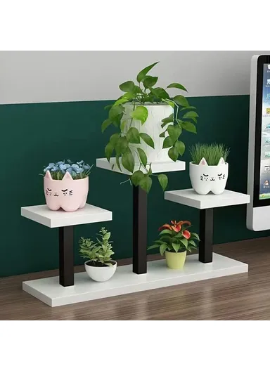 4-Tier Square Metal Flower Rack, Window Sill Plant Stand Home Decorative Accessory Rack Decor (L50 x W16 x H34)cm - Black &amp; Warm White