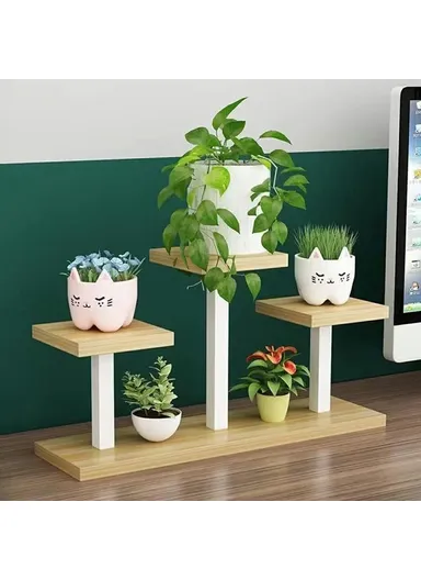 4-Tier Square Metal Flower Rack, Window Sill Plant Stand Home Decorative Accessory Rack Decor (L50 x W16 x H34)cm - White &amp; Light Walnut