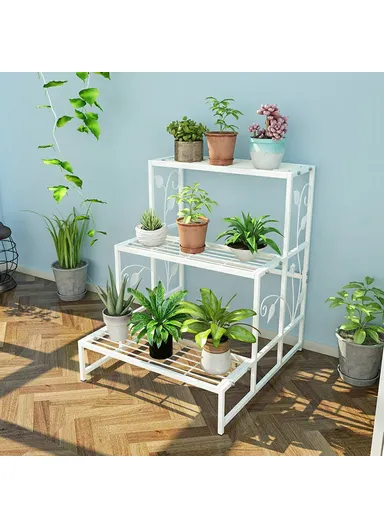 3 Tiers Iron Flower Pot Shelf Plant Organizer Stand Balcony Garden Patio JTHJ01 (L80 x W40 x H44)cm - White