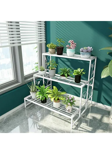 3 Tiers Iron Flower Pot Shelf Plant Organizer Stand Balcony Garden Patio JTHJ01 (L80 x W40 x H44)cm - White