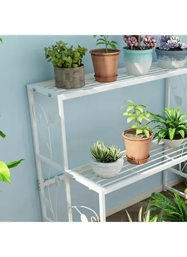3 Tiers Iron Flower Pot Shelf Plant Organizer Stand Balcony Garden Patio JTHJ01 (L80 x W40 x H44)cm - White
