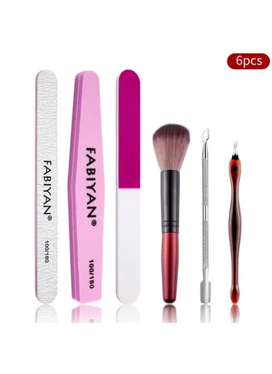 Manicure Pedicure Set Cuticle Polisher Nail Files Cleaning Tool Brush Scissors Dead Skin Remover - 6Pcs / Set