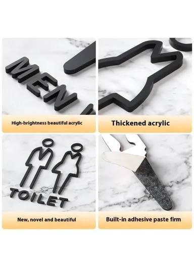 Women Acrylic Bathroom Door Sign Adhesive 3D Restroom Signage (W20 x H32)cm - Style A / Black