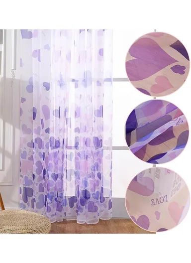 Heart Pattern Sheer Curtain Rod Pocket Voile Curtain (L270 x W100)cm - Purple 