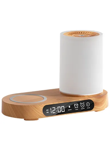 Aroma Air Humidifier Night Light Bluetooth-compatible Speaker Digital Clock Phone Wireless Charger T32 (L19.5 x W9.7 x H13)cm - Light Wood Grain