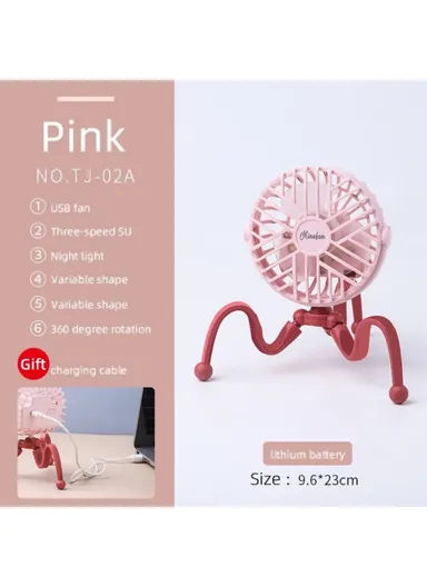 Handheld Baby Stroller Fan 500mAh Octopus Tripod USB Foldable Fan for Office Car with 3 Speed - Pink