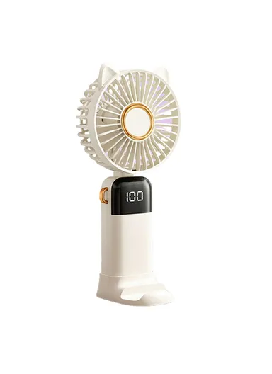 Cartoon Cat Summer Mini Handheld Fan Digital Display Folding Desk Fan with Lanyard - White