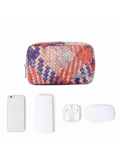 Woven Texture PU Leather Digital Accessories Storage Bag Earphone Power Bank Charger Carrying Case G5-S11 (W20 x D7 x H12)cm