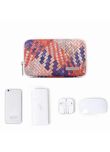 Woven Texture PU Leather Digital Accessories Storage Bag Earphone Power Bank Charger Carrying Case G5-S21 (W20 x D3 x H12)cm