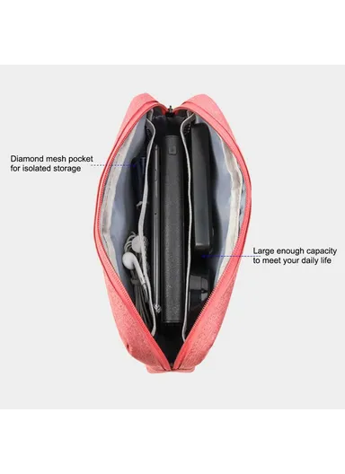 Large Size Digital Accessories Carrying Zipper Bag, Water Resistant Data Cable Power Bank Phone Storage Bag QY-A011 (W23 x D5.5 x H12)cm - Pink