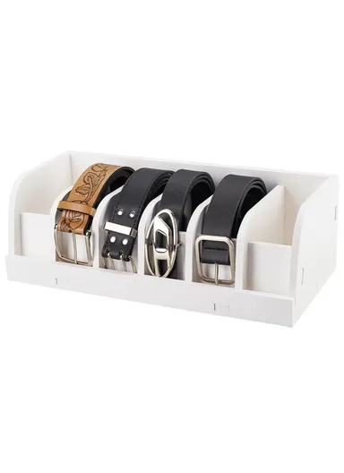Belt Organizer Bamboo Storage Box, Multi-Compartment Wardrobe Waist Belt Accessory Holder (L35 x W15.2 x H11.6)cm - White