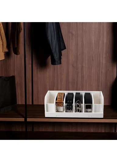 Belt Organizer Bamboo Storage Box, Multi-Compartment Wardrobe Waist Belt Accessory Holder (L35 x W15.2 x H11.6)cm - White