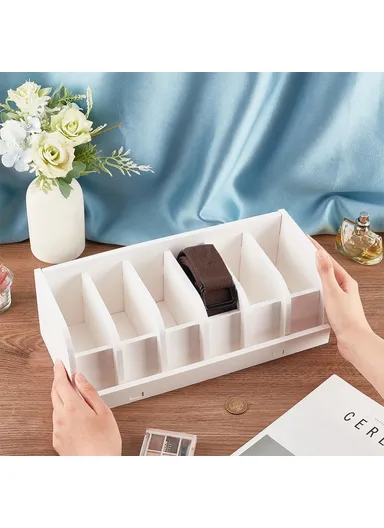 Belt Organizer Bamboo Storage Box, Multi-Compartment Wardrobe Waist Belt Accessory Holder (L35 x W15.2 x H11.6)cm - White