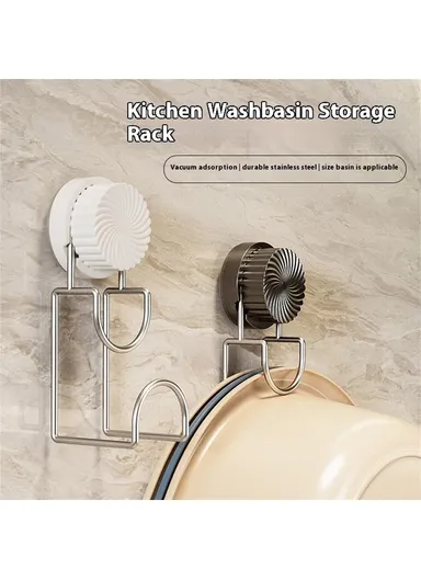 Suction Cup Wash Basin Holder Iron Art Bathroom Wall Mounted Basin Hanging Hook (L14.5 x W6.3 x H4.8)cm - Black