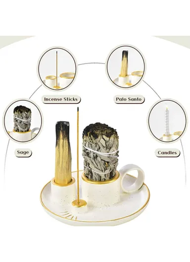 Meditation Sage Candle Holder Ceramic Incense Burner Bowl Candle Stick Holder Tray - White &amp; Gold