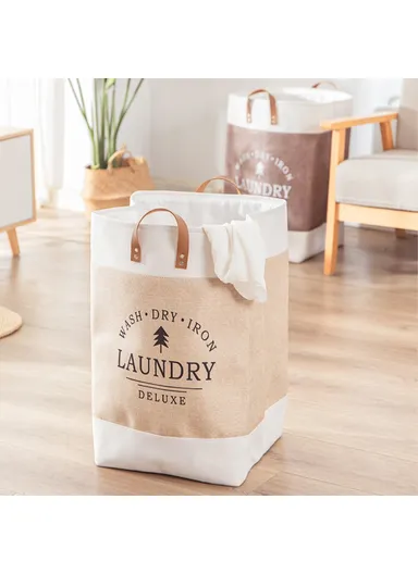 Foldable Laundry Basket, Dirty Clothes Storage Bag, Oxford Cloth Handbag with Handle Strap (W35 x D35 x H55)cm - Brown