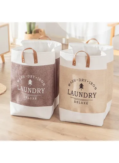 Foldable Laundry Basket, Dirty Clothes Storage Bag, Oxford Cloth Handbag with Handle Strap (W35 x D35 x H55)cm - Brown