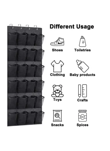 Hanging Shoe Organizer, 24-Grid Door Shoe Rack, Non-woven Over The Door Shoe Holder Hanger Storage Mesh Bag (W55 x H150cm) - Black