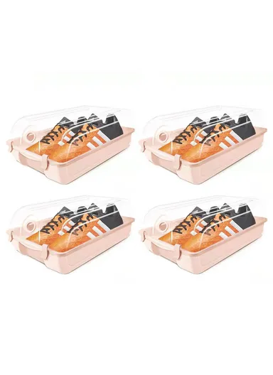 4-Pcs Large Transparent Shoe Organizer, Box Closet Plastic Shoe Storage Case Organizer (L37 x W21.5 x H13)cm - Pink