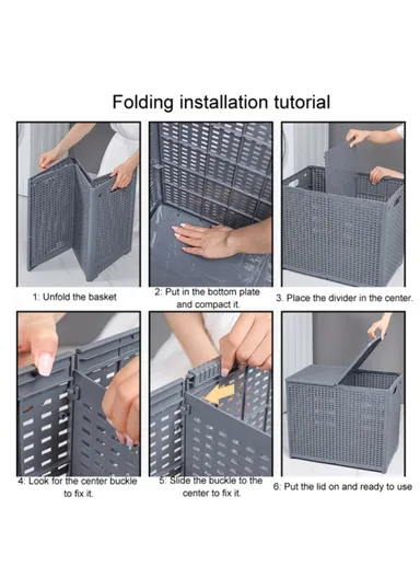 Partition Compartment Laundry Basket Foldable PP Clothes Hamper Box with Lid (W63 x D34 x H44) - Grey