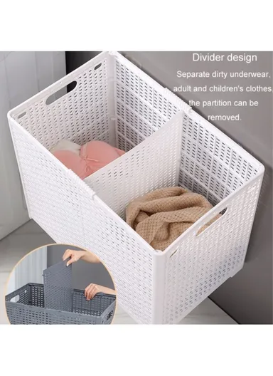 Partition Compartment Laundry Basket Foldable PP Clothes Hamper Box with Lid (W63 x D34 x H44) - Grey