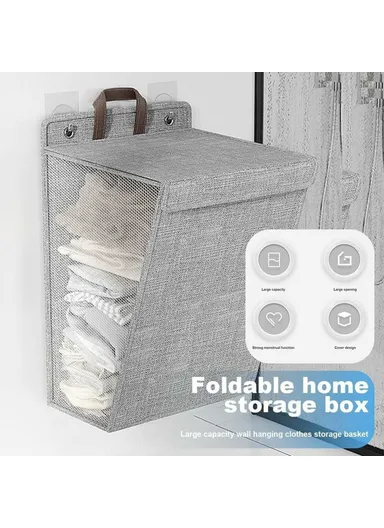 Foldable Hanging Laundry Hamper Basket, Wall-Mounted Dirty Clothes Bin (W48 x D12 x H36)cm - Grey / M
