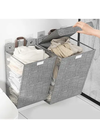 Foldable Hanging Laundry Hamper Basket, Wall-Mounted Dirty Clothes Bin (W48 x D12 x H36)cm - Grey / M