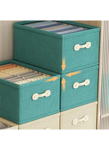 Large Capacity Foldable Cotton Linen Clothes Storage Organizer, Stackable Multi-Use Drawer Style Clothes Organizer (W47 x D28 x H22)cm - Green 
