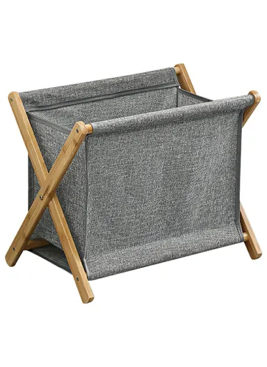 Foldable Bamboo Laundry Hamper Basket with X-Frame, Bamboo &amp; Linen Dirty Cloth Storage Basket (L40 x W30 x H38)cm - Grey / S