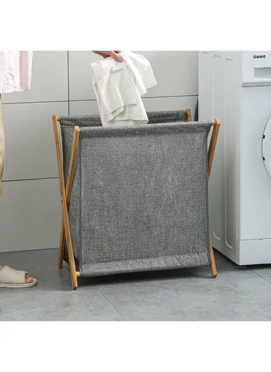 Foldable Bamboo Laundry Hamper Basket with X-Frame, Bamboo &amp; Linen Dirty Cloth Storage Basket (L40 x W30 x H38)cm - Grey / S
