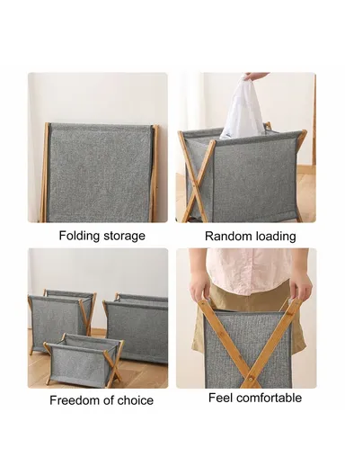 Foldable Bamboo Laundry Hamper Basket with X-Frame, Bamboo &amp; Linen Dirty Cloth Storage Basket (L40 x W30 x H38)cm - Grey / S