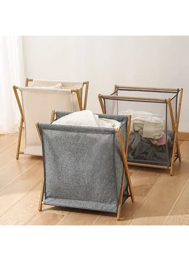 Foldable Bamboo Laundry Hamper Basket with X-Frame, Bamboo &amp; Linen Dirty Cloth Storage Basket (L40 x W30 x H38)cm - Grey / S