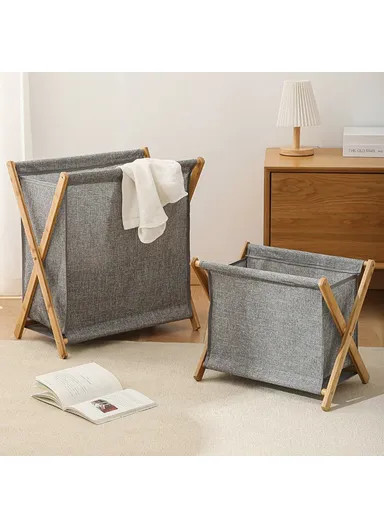 Foldable Bamboo Laundry Hamper Basket with X-Frame, Bamboo &amp; Linen Dirty Cloth Storage Basket (L40 x W30 x H38)cm - Grey / S