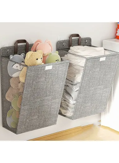 Foldable Hanging Laundry Hamper Basket, Wall-Mounted Dirty Clothes Bin (W58 x D15 x H41)cm - Grey / L